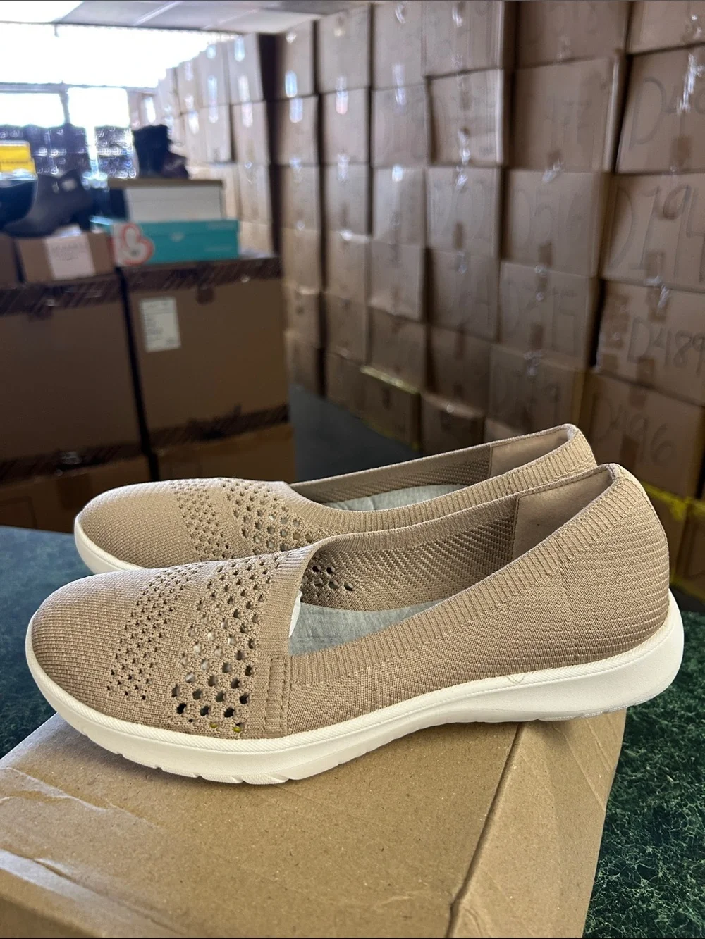 Clarks Beige Knit Slip-On Flats with Cushioned White Sole
